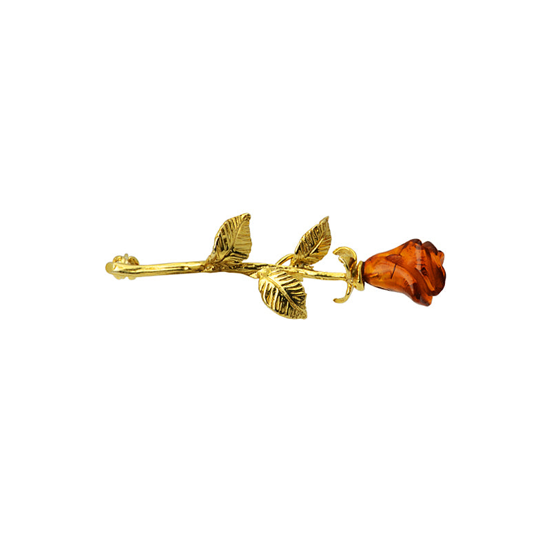 Hand Carved Cognac Baltic Amber Gold Plated Rose Brooch