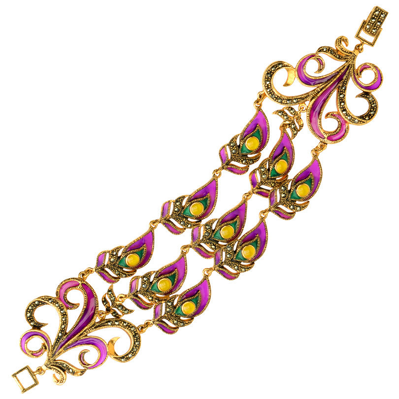 Elegant Peacock Purple Gold Plated Marcasite 3-Row Bracelet