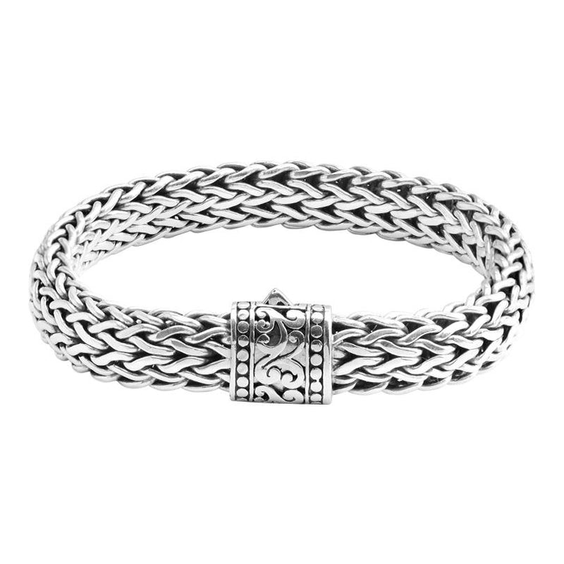 Sterling Silver Bali Weave Statement Bracelet w/ Dotted Filigree Barrel Clasp 15mm