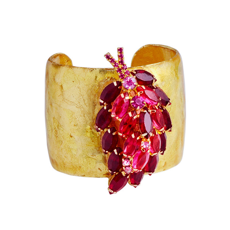 Ooh La La! Tourmaline and Ruby Color Faceted Glass Stones on 22kt Gold leaf Statement Cuff