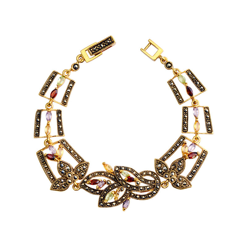 Sparkling Mixed Gemstones and Marcasite Gold Plated Floral Fantasy Bracelet