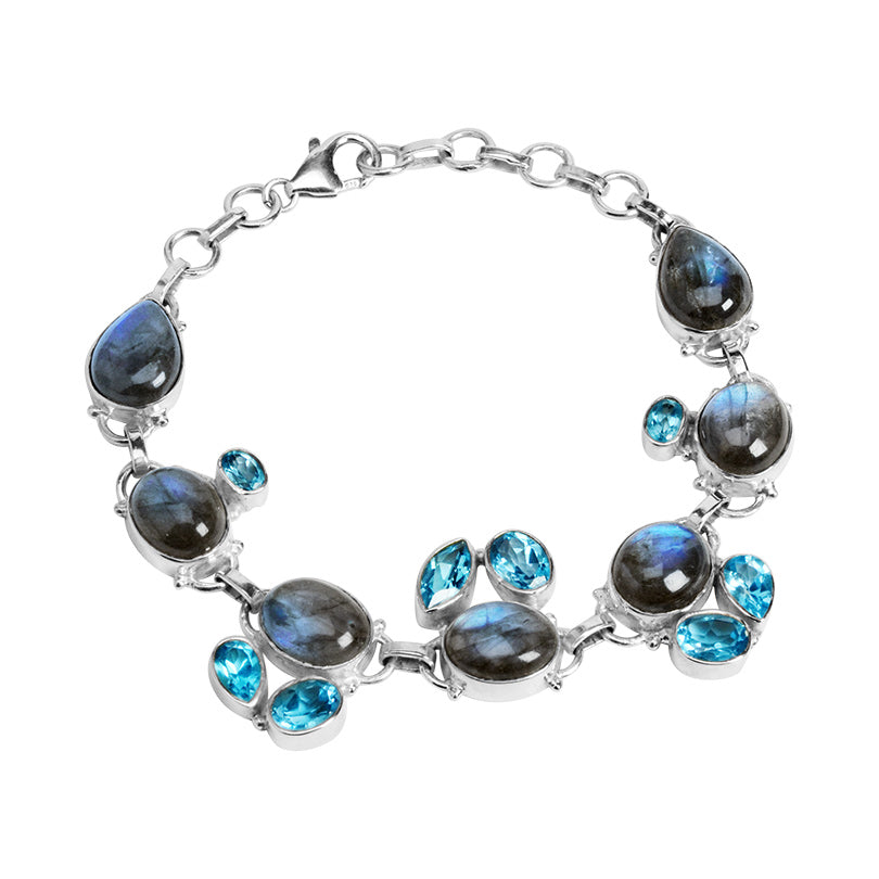 Radiant Labradorite and Vibrant Blue Topaz Sterling Silver Statement Bracelet