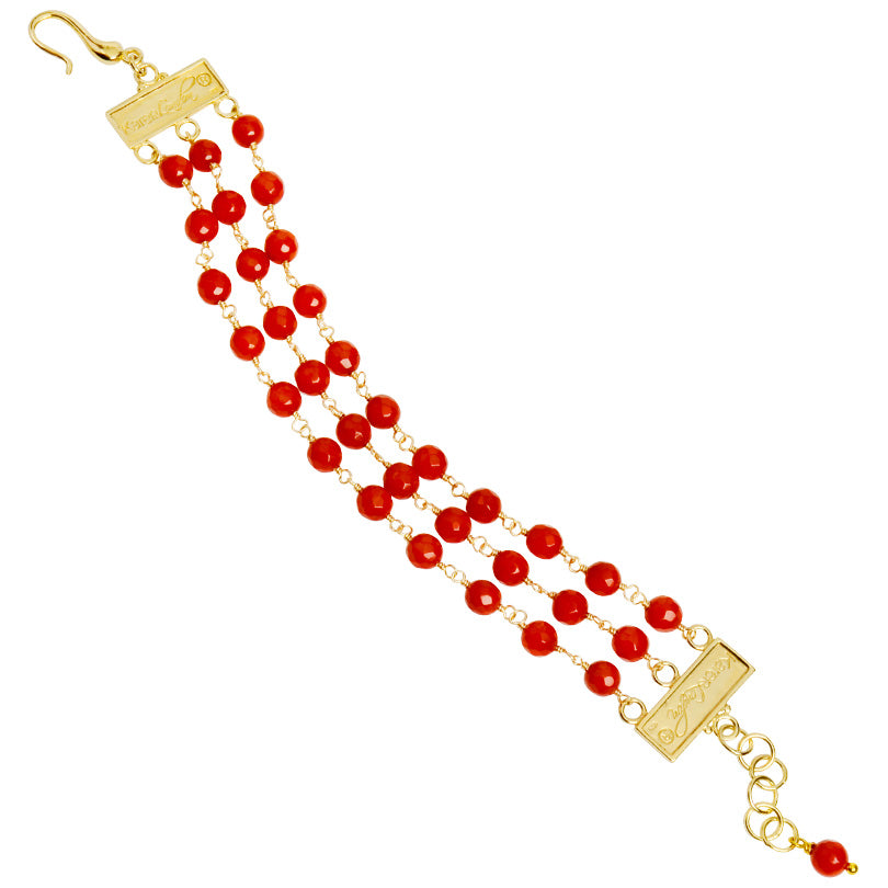 Beautiful 3 Strand Red Coral 18kt Gold Plated Silver Bracelet