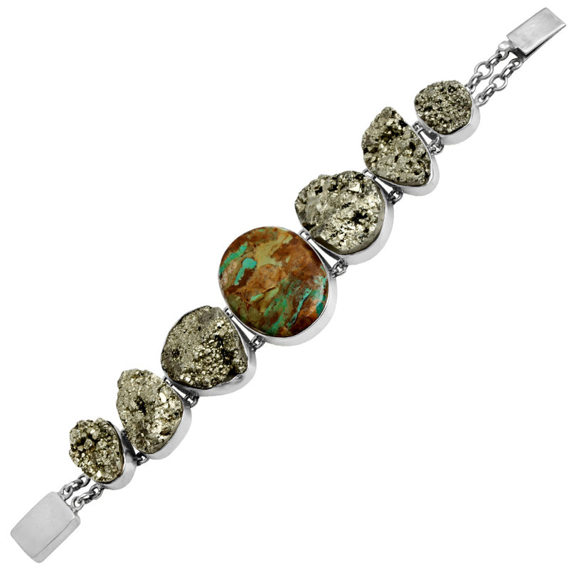 Gorgeous Super Size Boulder Turquoise and Pyrite Sterling Silver Statement Bracelet