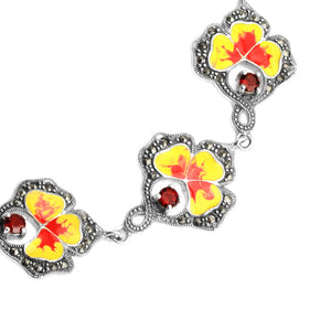 Spring Sunflower with Garnet & Marcasite Sterling Silver Bracelet