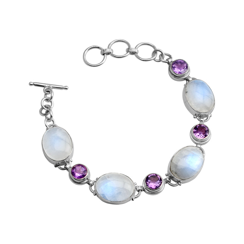 Beautiful Rainbow Moonstone and Purple Amethyst Sterling Silver Statement Bracelet