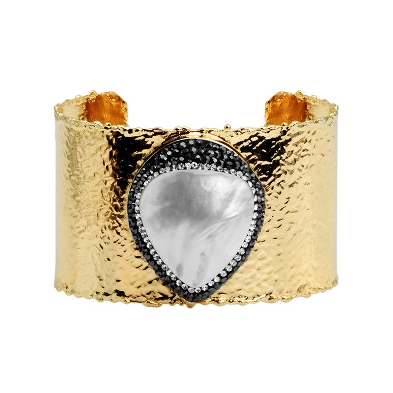 Large Heart Pearl with Hematite and Crystals Sparkling Gold Plated Statement Cuff
