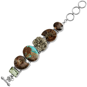 Gorgeous Boulder Turquoise, Firey Ammolite, Pyrite, Smoky and Green Amethyst Sterling Silver Statement Bracelet