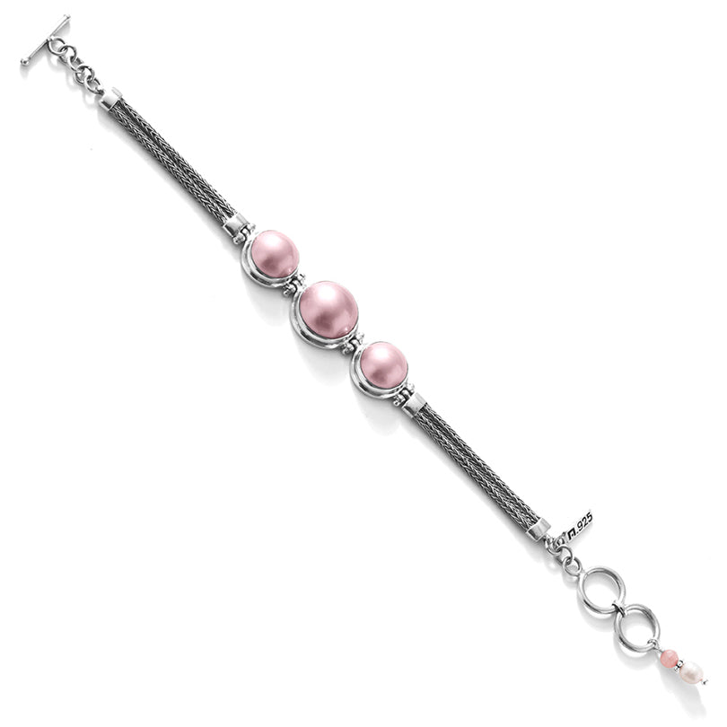 Pink 3 Mabe Pearl larger Version Bali Weave Sterling Silver Bracelet