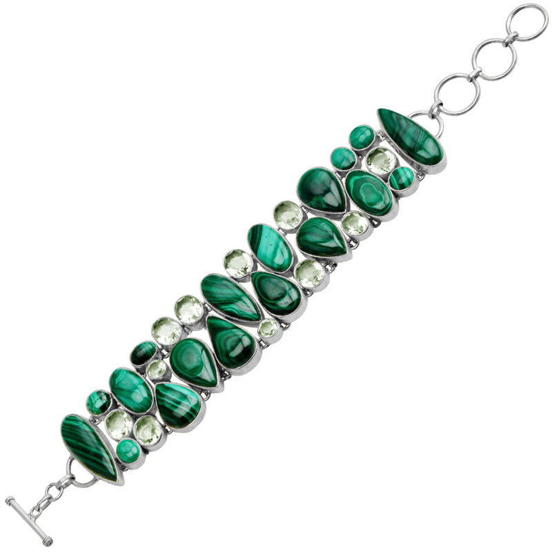 Vibrant Malachite and Green Amethyst Sterling Silver Statement Bracelet