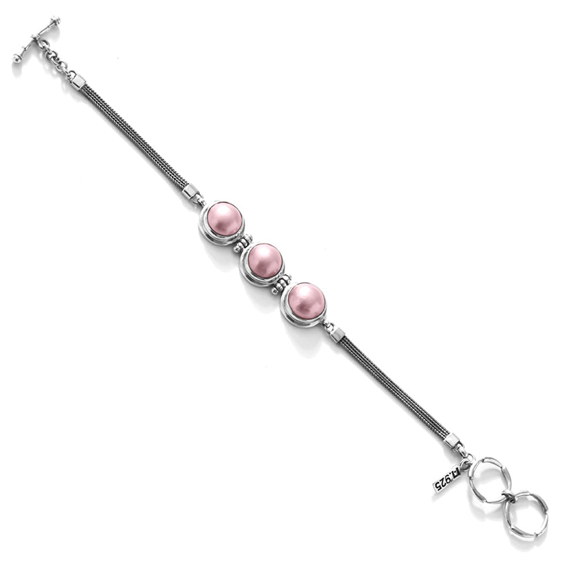 Pink 3 Mabe Pearl Smaller Version Bali Weave Sterling Silver Bracelet