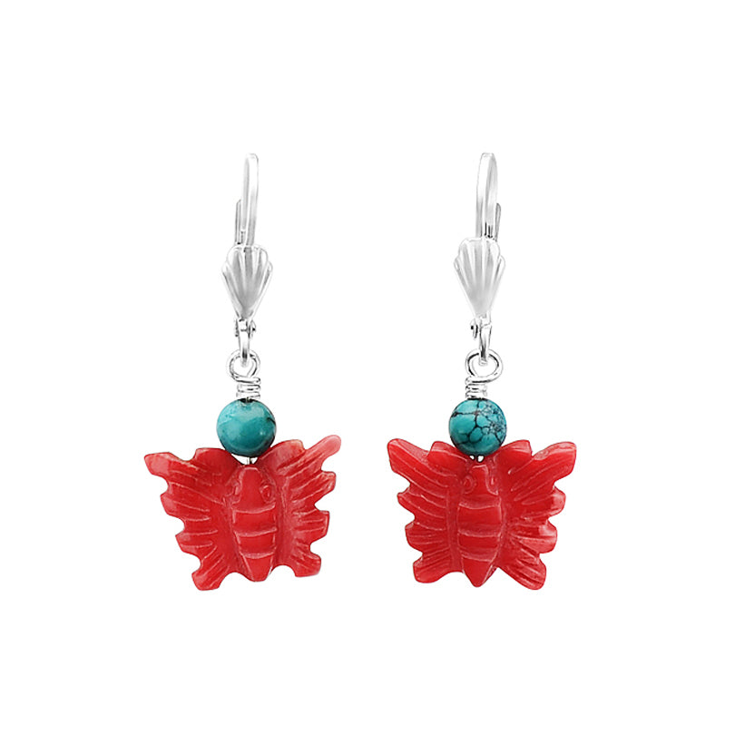 Precious Petite Coral Butterfly & Turquoise Sterling Silver Earrings