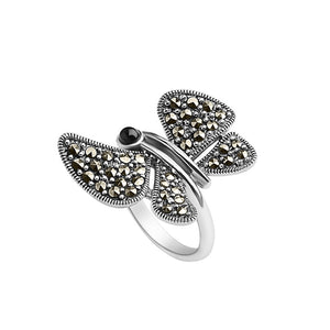 Sterling Silver Marcasite Black Onyx Butterfly Ring