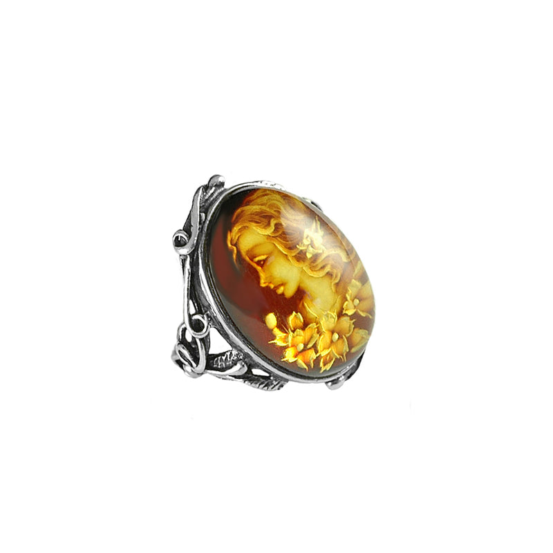 Vintage Design Hand Carved Cameo Cognac Baltic Amber Sterling Silver Ring