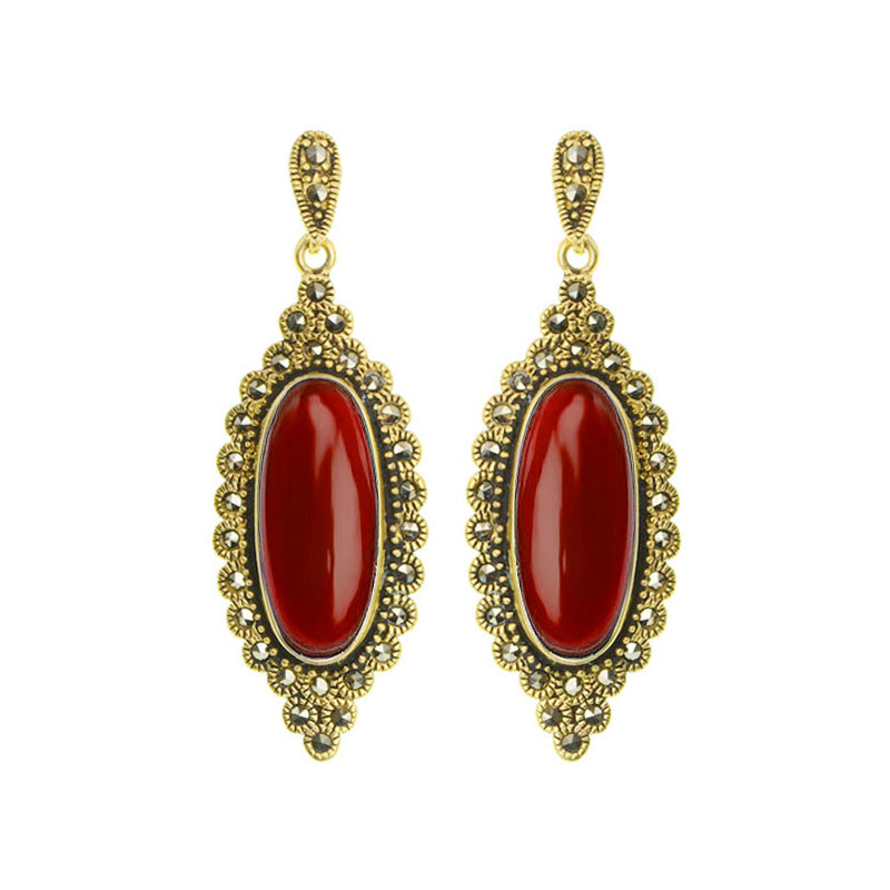 Vintage Inspired Carnelian Marcasite Gold Plated Earrings
