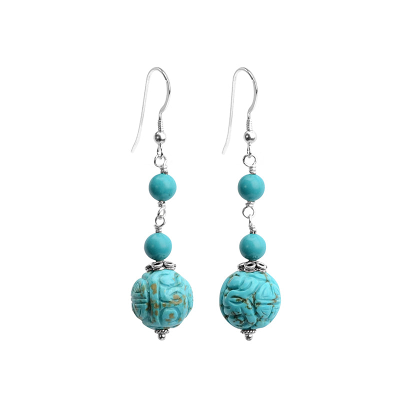 Lovely Carved Chalk Turquoise (dyed) Earrings on Sterling Silver Hooks