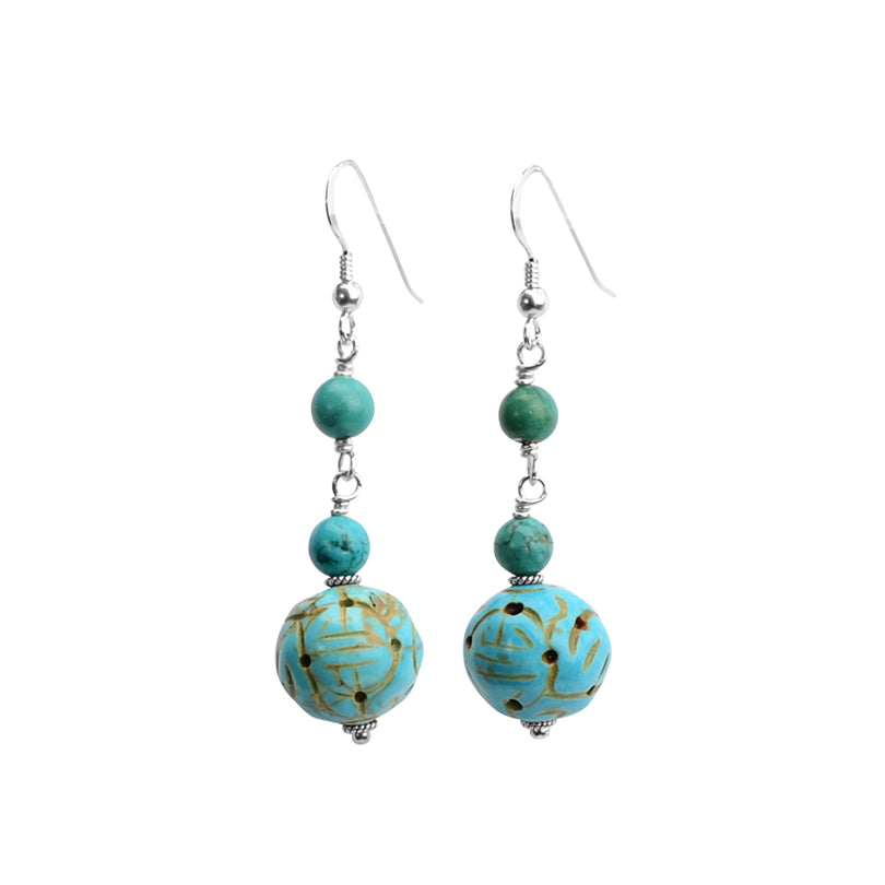 Charming Carved Chalk Turquoise Earrings on Sterling Silver Hooks