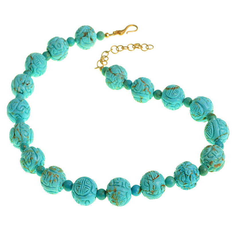 Beautiful Vibrant Blue Carved Chalk Turquoise Gold Plated Clasp Necklace