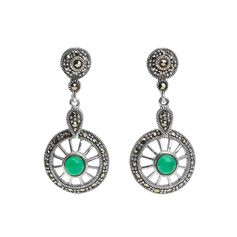 Wheel of Fortune Green Agate and Marcasite Sterling Silver Earrings