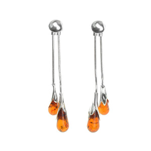 Glamorous Honey Cognac Baltic Amber Tulip Drop Sterling Silver Earrings