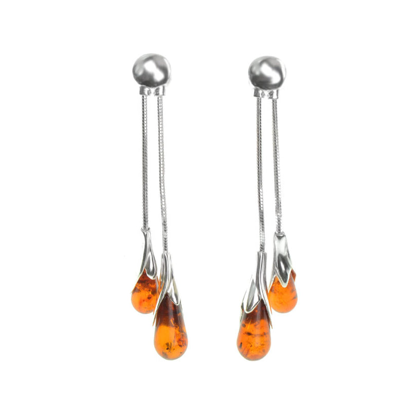 Glamorous Honey Cognac Baltic Amber Tulip Drop Sterling Silver Earrings