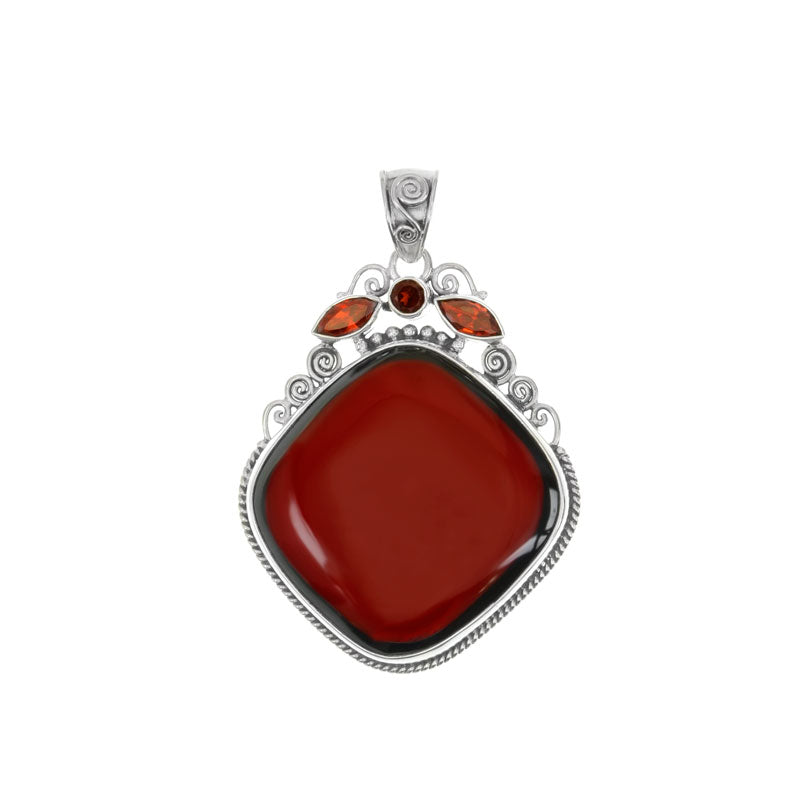 Beautiful Red Coral with Garnet Accent Stones Sterling Silver Statement Pendant