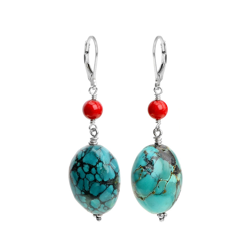 Delightful Large Turquoise Stones and Coral Sterling Silver Statement Earrings
