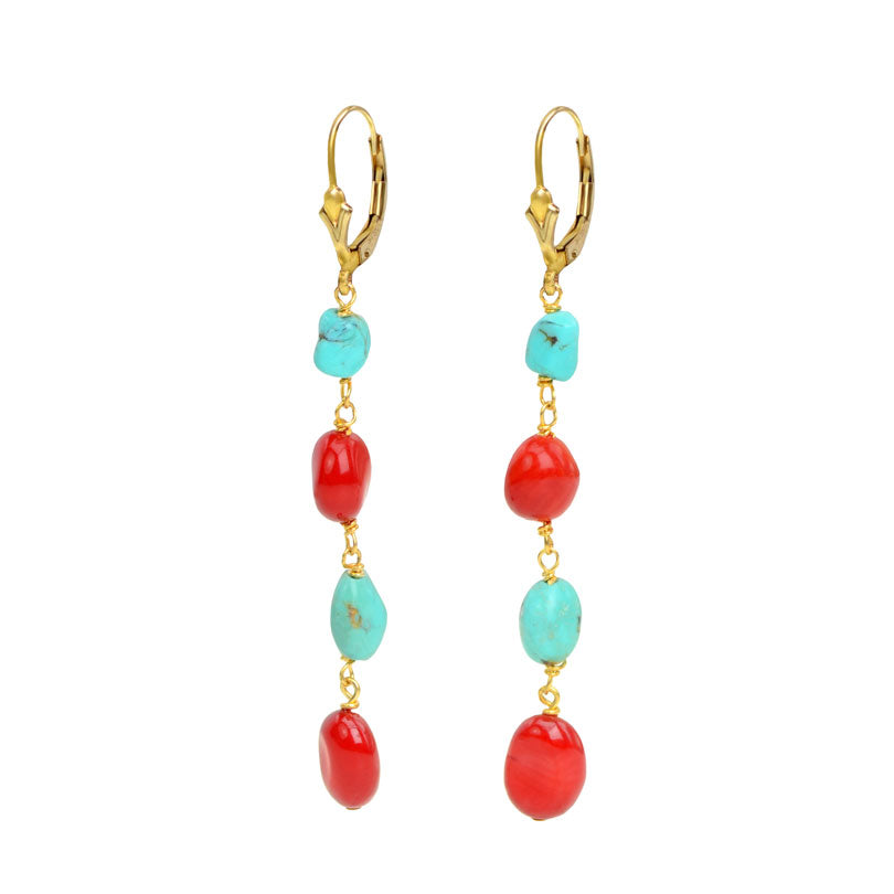 Elegant Petite Coral and Turquoise Earrings With Gold Fill Hooks