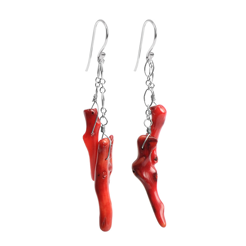 Stunning Red Bamboo Coral Branch Sterling Silver Chain Earrings