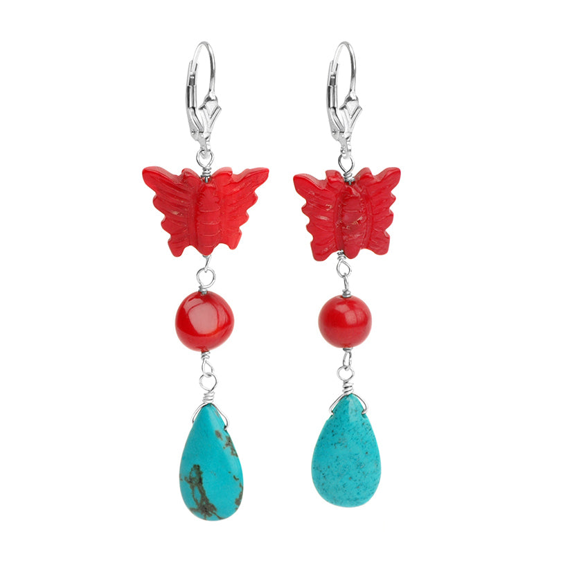 Charming Butterfly Coral & Turquoise Sterling Silver Earrings