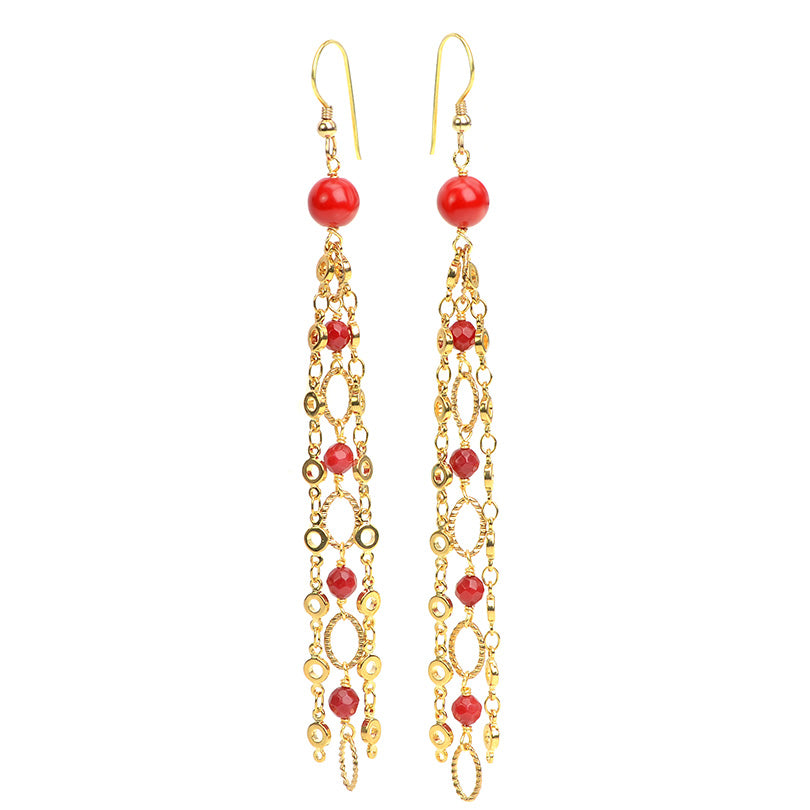 Sexy Coral Gold Plated Chain Statement Earrings