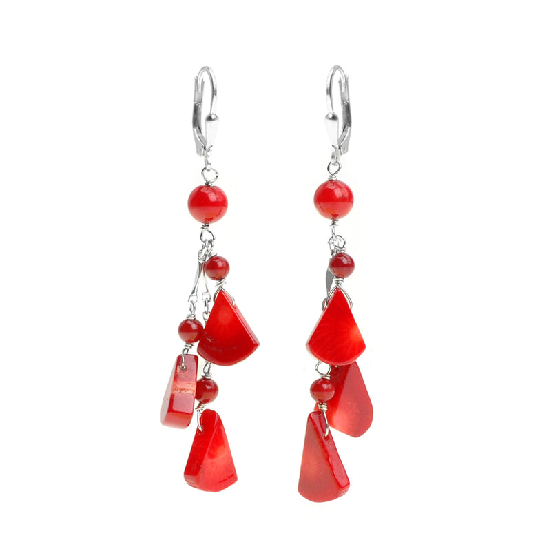 Vibrant  Red Coral Sterling Silver Lever Back Earrings