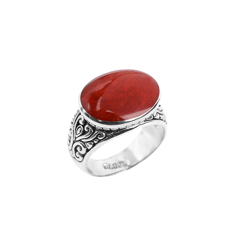 Balinese Bright Red Sponge Coral Sterling Silver Ring