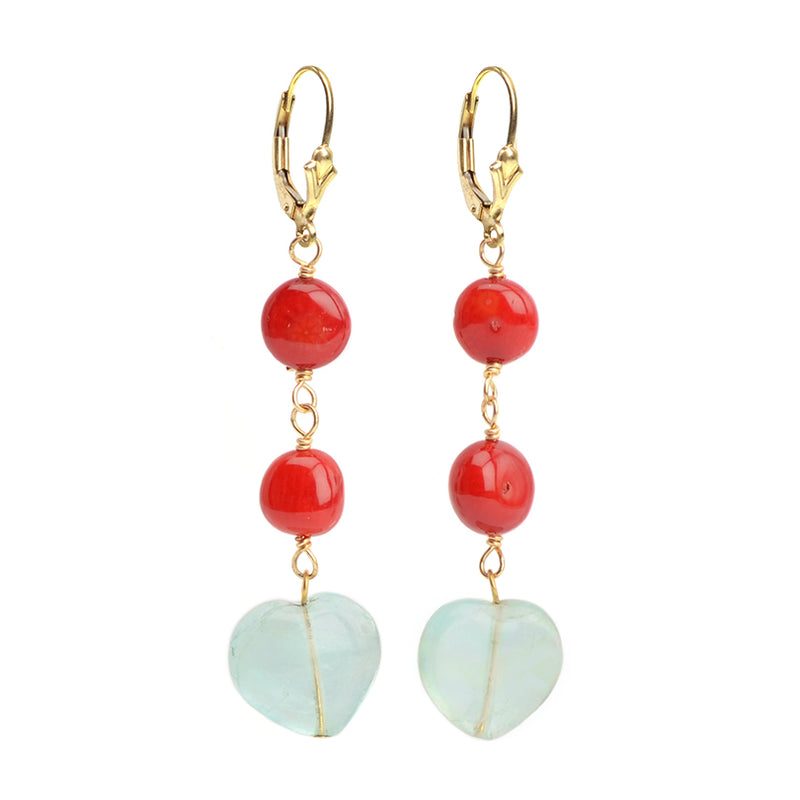Gorgeous Fluorite Hearts and Coral Gold Filled Earrings