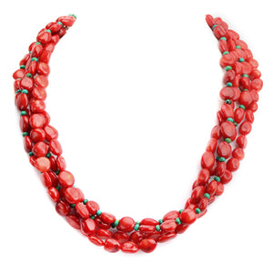 Gorgeous Coral Beaded Four Strand Sterling Silver Toggle Necklace