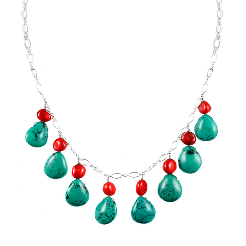 Colorful Coral and Turquoise Sterling Silver Princis Necklace