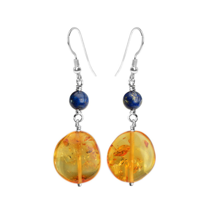 Sparkling Cognac Baltic Amber and Lapis Sterling Silver Earrings