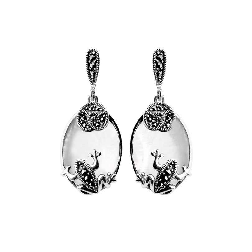 Darling Mother of Pearl and Marcasite Sterling Silver Frog Earrings