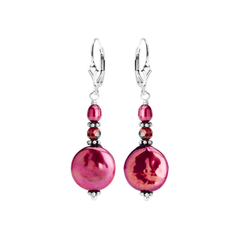 Luxurious Rosy Red Fresh Water Coin Pearl and Faceted Garnet Sterling Silver Earrings