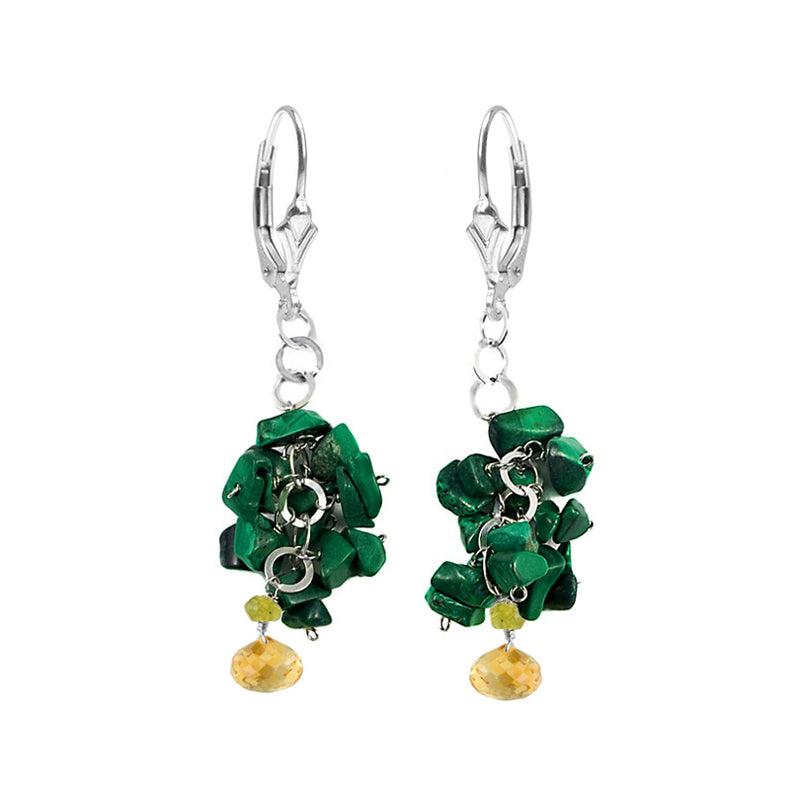 Colorful Malachite, Citrine and Peridot  Sterling Silver Earrings