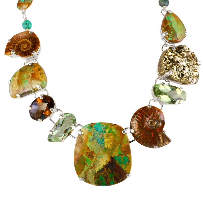 Magnificent Boulder Turquoise, Ammolite, Green Amethyst Sterling Silver Statement Necklace