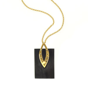 Karen London Shiny Gold Brass Leaf on Rosewood Medallion on Gold Plated Chain