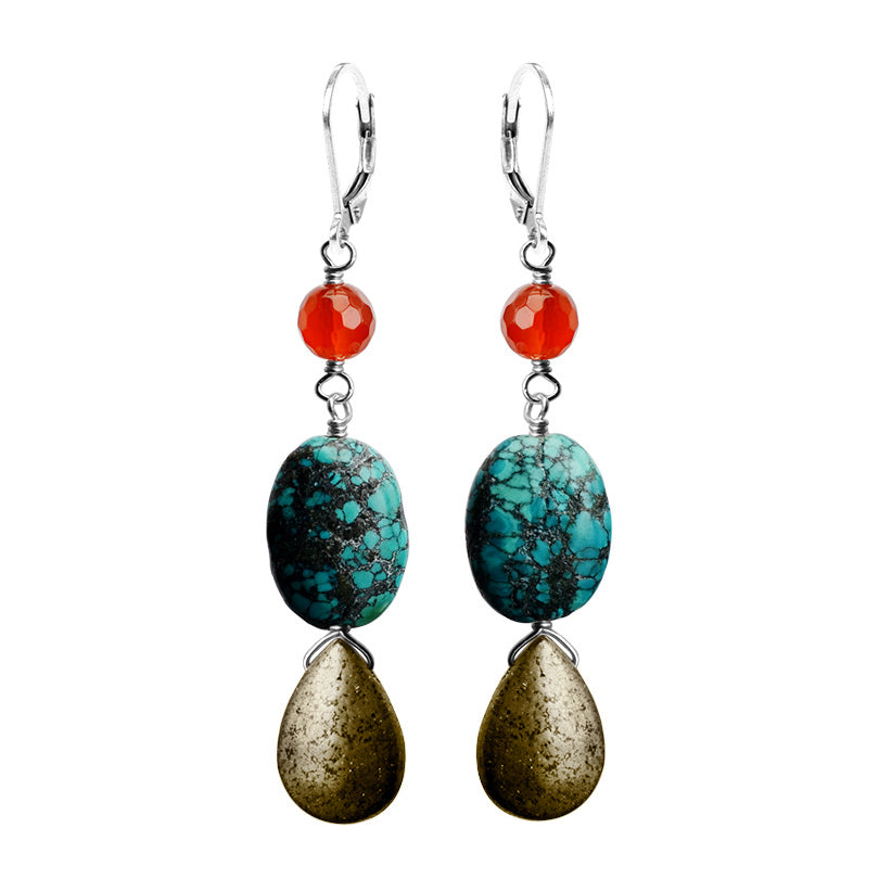 Beautiful Earthy Stones of Carnelian, Turquoise and Pyrite Sterling Silver Statement Earrings