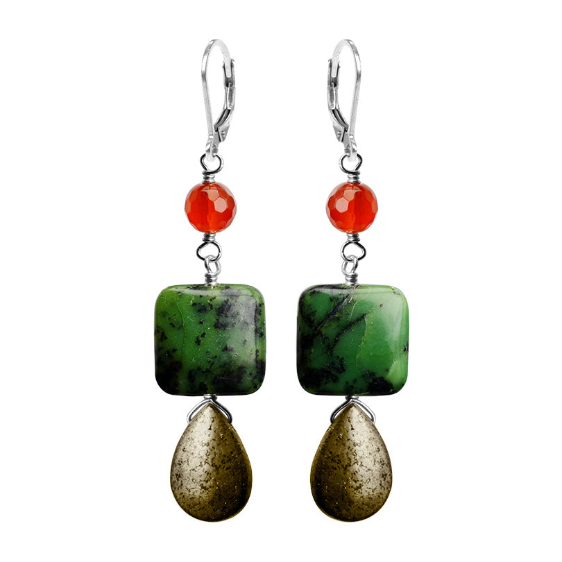 Stunning Combination of Jadeite, Pyrite and Carnelian Sterling Silver Statement Earrings