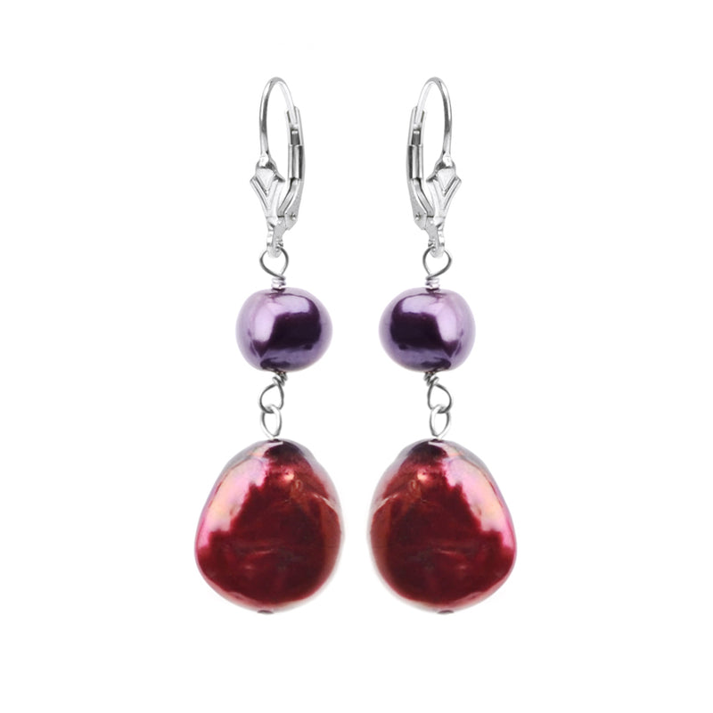 Rich Red and Deep Purple Pearl Sterling Silver Earrings