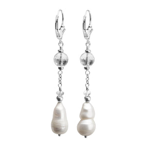 Unique Pearl and Crystal Quartz Drop Sterling Silver Lever Back Earrings