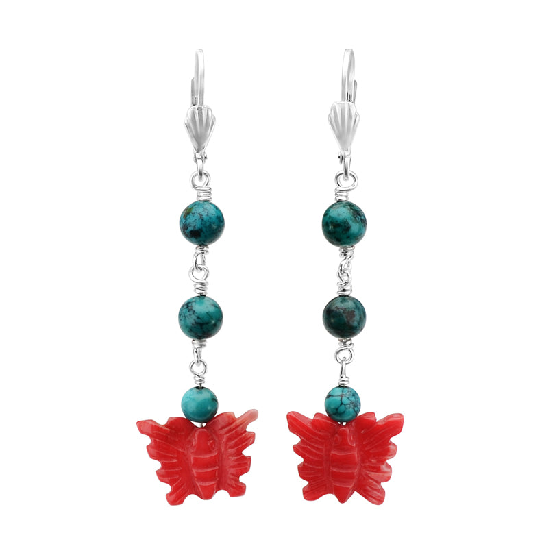Adorable Turquoise and Carved Coral Butterfly Earrings with Sterling Silver Hooks