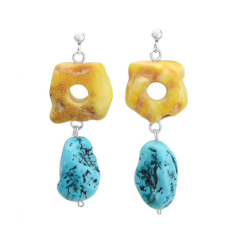Whimsical Butterscotch Baltic Amber and Natural Turquoise Sterling Silver Earrings