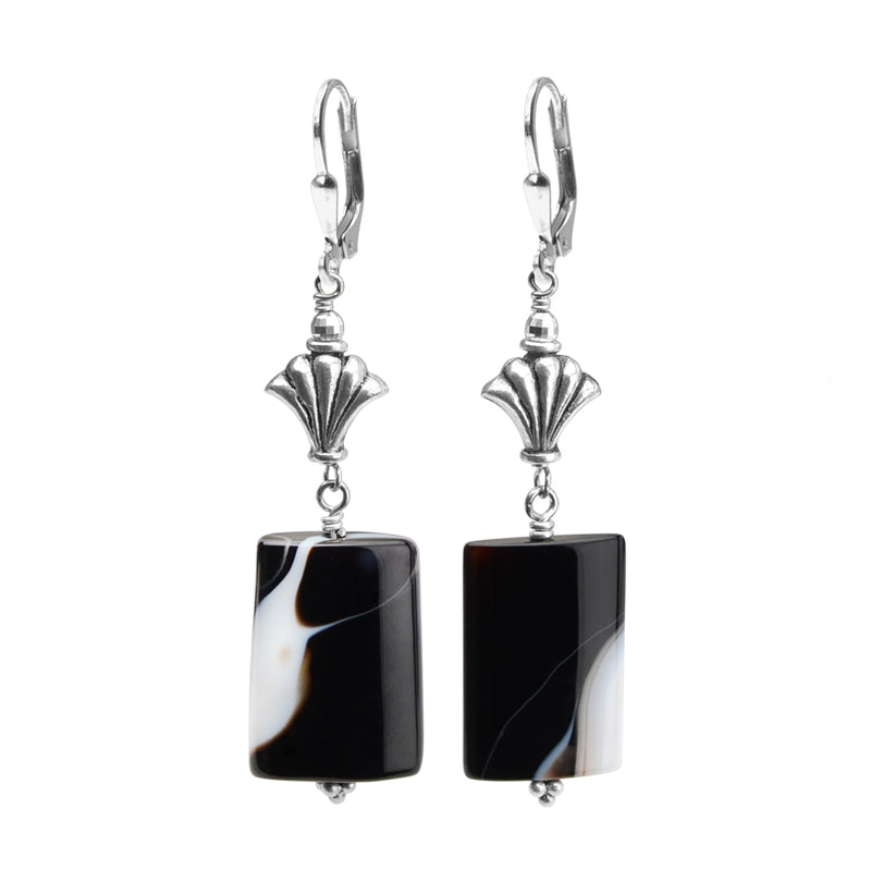Uniquely Beautiful Black Onyx Banded Agate Sterling Silver Earrings