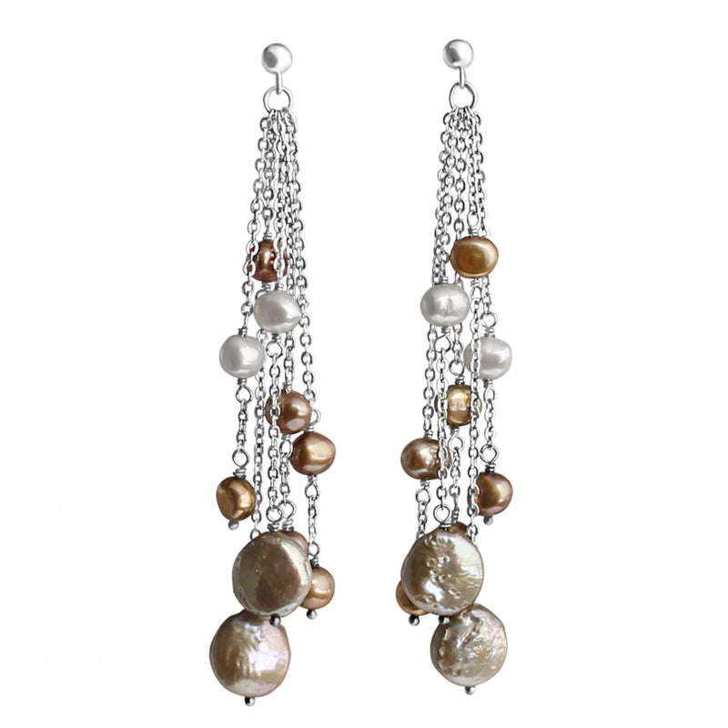Stunning Water Fall of Natural Coin Pearls Sterling Silver Statement Earrings